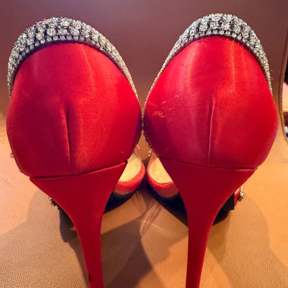 Elegant Red Satin Heels with Rhinestone Accents - Picture 7 of 12